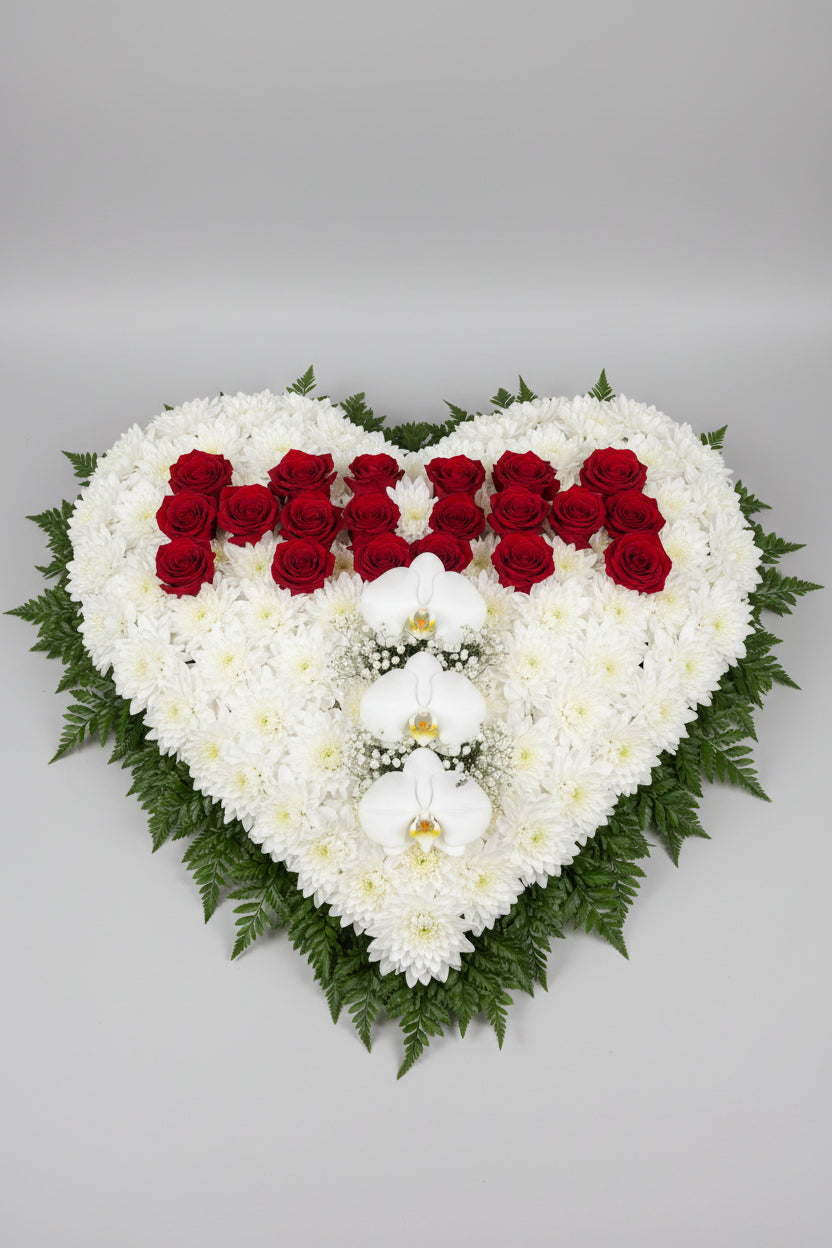 FT15 White heart wreath with red rose writing
