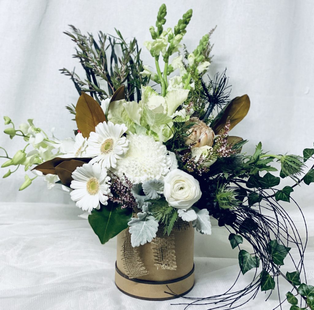 A Rustic White Hat Box Floral Affairs Sympathy flowers sunshine